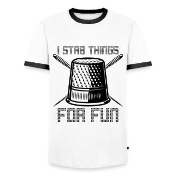 I Stab Things For Fun Knitting Cross Stitch Lover - Men's Ringer Shirt - white/black - Front - AI Model Female 172 light (172cm) & AI Model Male 178 dark (178cm)