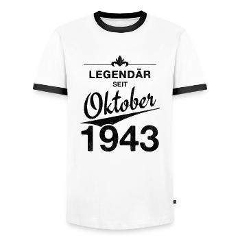 80th Birthday Legendary October 1943 Volume 43 - Men's Ringer Shirt - white/black - Front - AI Model Female 172 light (172cm) & AI Model Male 178 dark (178cm)