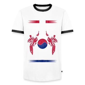 Tang Soo do Shotokan Le Dojang est mon endroit heureux - T-shirt contrasté Homme - blanc/noir - Devant - AI Model Female 172 light (172cm) & AI Model Male 178 dark (178cm)