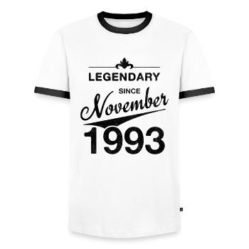 30ème Anniversaire Légendaire Novembre 1993 Millésime 93 - T-shirt contrasté Homme - blanc/noir - Devant - AI Model Female 172 light (172cm) & AI Model Male 178 dark (178cm)