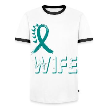 Wear teal for wife Tourette's syndrome - Men's Ringer Shirt - white/black - Front - AI Model Female 172 light (172cm) & AI Model Male 178 dark (178cm)