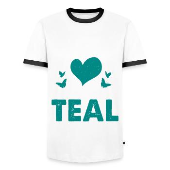 En juin, nous portons le sarcelle - T-shirt contrasté Homme - blanc/noir - Devant - AI Model Female 172 light (172cm) & AI Model Male 178 dark (178cm)