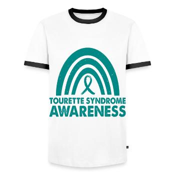En juin, nous portons le syndrome de Tourette sarcelle - T-shirt contrasté Homme - blanc/noir - Devant - AI Model Female 172 light (172cm) & AI Model Male 178 dark (178cm)