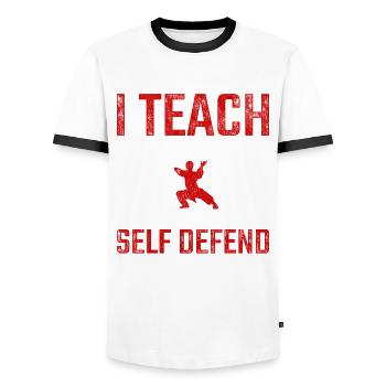 Tang Soo Do Trainer Arts Martiaux Shotokan - T-shirt contrasté Homme - blanc/noir - Devant - AI Model Female 172 light (172cm) & AI Model Male 178 dark (178cm)