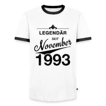30th Birthday Legendary November 1993 Volume 93 - Men's Ringer Shirt - white/black - Front - AI Model Female 172 light (172cm) & AI Model Male 178 dark (178cm)