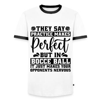 Ils disent que la pratique fait aimer le sport joueur de pétanque - T-shirt contrasté Homme - blanc/noir - Devant - AI Model Female 172 light (172cm) & AI Model Male 178 dark (178cm)