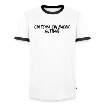 Feuerwehr - Ein Team. Ein Zweck: Rettung - Männer Kontrast-T-Shirt - Weiß/Schwarz - Vorne - AI Model Female 172 light (172cm) & AI Model Male 178 dark (178cm)