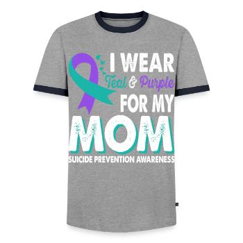 Wear teal and purple for awareness - Men's Ringer Shirt - grey/navy  - Front - AI Model Female 172 light (172cm) & AI Model Male 178 light (178cm)