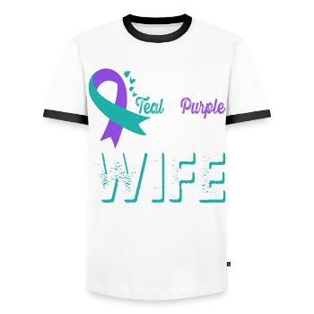 Portez du sarcelle et du violet pour être conscient de la - T-shirt contrasté Homme - blanc/noir - Devant - AI Model Female 172 light (172cm) & AI Model Male 178 dark (178cm)