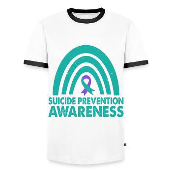 En septembre, nous portons Teal &; Purple Suicide - T-shirt contrasté Homme - blanc/noir - Devant - AI Model Female 172 light (172cm) & AI Model Male 178 dark (178cm)