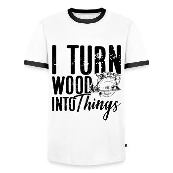 I Turn Wood Into Things Woodworker Woodturner - Men's Ringer Shirt - white/black - Front - AI Model Female 172 light (172cm) & AI Model Male 178 dark (178cm)
