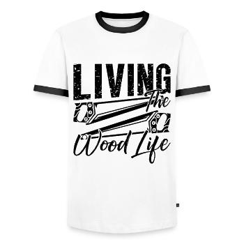 Living The Wood Life Loves Woodworking Woodturner - Men's Ringer Shirt - white/black - Front - AI Model Female 172 light (172cm) & AI Model Male 178 dark (178cm)