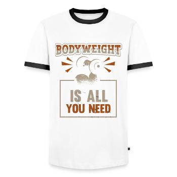 Body weight is all you need - Men's Ringer Shirt - white/black - Front - AI Model Female 172 light (172cm) & AI Model Male 178 dark (178cm)