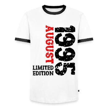 1995 Août Édition Limitée 28e Tenue d’anniversaire - T-shirt contrasté Homme - blanc/noir - Devant - AI Model Female 172 light (172cm) & AI Model Male 178 dark (178cm)