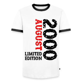 2000 August Limited Edition 23rd Birthday Outfit - Men's Ringer Shirt - white/black - Front - AI Model Female 172 light (172cm) & AI Model Male 178 dark (178cm)
