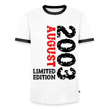 2003 August Limited Edition 20. Geburtstag Outfit - Männer Kontrast-T-Shirt - Weiß/Schwarz - Vorne - AI Model Female 172 light (172cm) & AI Model Male 178 dark (178cm)