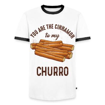 Tu es la cannelle de mon churro - T-shirt contrasté Homme - blanc/noir - Devant - AI Model Female 172 light (172cm) & AI Model Male 178 dark (178cm)