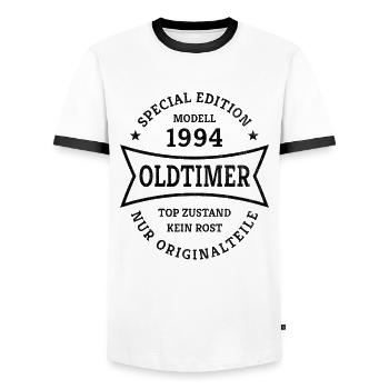 30. Geburtstag Jahrgang 1994 Oldtimer 30 Jahre - Männer Kontrast-T-Shirt - Weiß/Schwarz - Vorne - AI Model Female 172 light (172cm) & AI Model Male 178 dark (178cm)