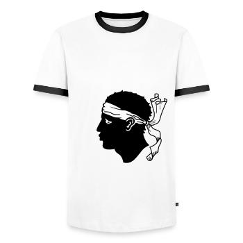 Corsica Island Map of France with Pirate's Head - Men's Ringer Shirt - white/black - Front - AI Model Female 172 light (172cm) & AI Model Male 178 dark (178cm)