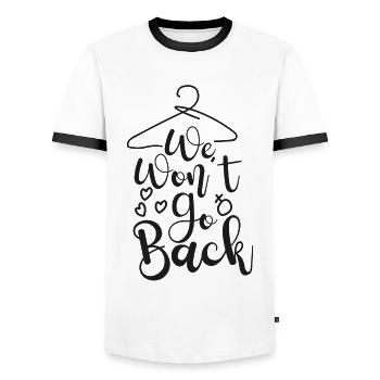 Cintre féministe Nous n’irons pas - T-shirt contrasté Homme - blanc/noir - Devant - AI Model Female 172 light (172cm) & AI Model Male 178 dark (178cm)