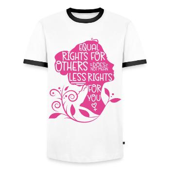 Feminist Equal Rights For Others - Männer Kontrast-T-Shirt - Weiß/Schwarz - Vorne - AI Model Female 172 light (172cm) & AI Model Male 178 dark (178cm)