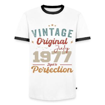 Juillet 1977 Anniversaire Juillet 1977 Original 1977 Juillet - T-shirt contrasté Homme - blanc/noir - Devant - AI Model Female 172 light (172cm) & AI Model Male 178 dark (178cm)
