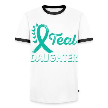 Wear teal for Month of Consciousness - Men's Ringer Shirt - white/black - Front - AI Model Female 172 light (172cm) & AI Model Male 178 dark (178cm)