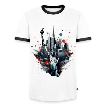 New York City Statue of Liberty skyscraper - Men's Ringer Shirt - white/black - Front - AI Model Female 172 light (172cm) & AI Model Male 178 dark (178cm)