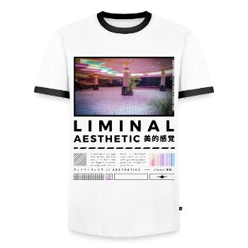 Liminal Spaces Retro 80s & 90s Backrooms Vaporwave - Men's Ringer Shirt - white/black - Front - AI Model Female 172 light (172cm) & AI Model Male 178 dark (178cm)