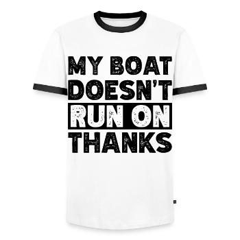 My Boat Doesn't Run on Thanks Funny Boating Retro - Men's Ringer Shirt - white/black - Front - AI Model Female 172 light (172cm) & AI Model Male 178 dark (178cm)