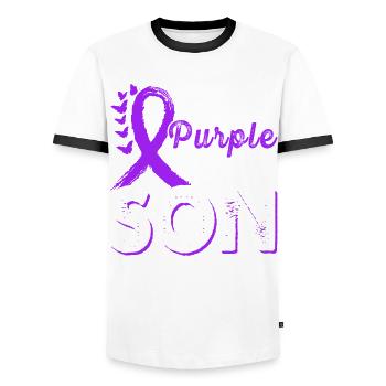 Wear purple to support the - Men's Ringer Shirt - white/black - Front - AI Model Female 172 light (172cm) & AI Model Male 178 dark (178cm)