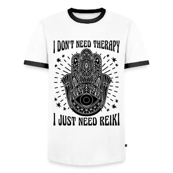 Je n’ai pas besoin de thérapie, je ne fais que guérir le maître Reiki - T-shirt contrasté Homme - blanc/noir - Devant - AI Model Female 172 light (172cm) & AI Model Male 178 dark (178cm)