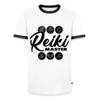 Reiki Master Energy Healing Esoteric Reiki Meister - Men's Ringer Shirt - white/black - Front - AI Model Female 172 light (172cm) & AI Model Male 178 dark (178cm)