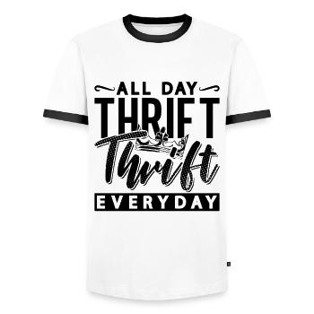 All Day Thrift Thrift Bargain Hunting Thrifter - Männer Kontrast-T-Shirt - Weiß/Schwarz - Vorne - AI Model Female 172 light (172cm) & AI Model Male 178 dark (178cm)