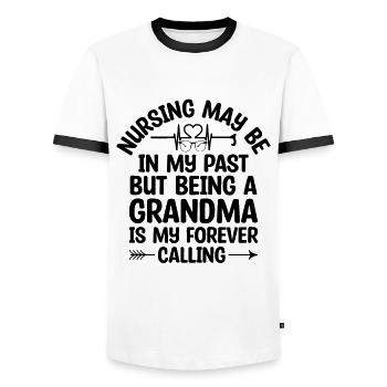 Grand-mère retraitée Pension Infirmière infirmière en soins infirmiers - T-shirt contrasté Homme - blanc/noir - Devant - AI Model Female 172 light (172cm) & AI Model Male 178 dark (178cm)