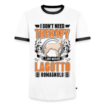 Lagotto Romagnolo Thérapie Chien d’Eau - T-shirt contrasté Homme - blanc/noir - Devant - AI Model Female 172 light (172cm) & AI Model Male 178 dark (178cm)