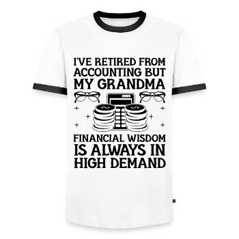 Pensionierte Oma Rentner Pension Buchhalter Bank - Männer Kontrast-T-Shirt - Weiß/Schwarz - Vorne - AI Model Female 172 light (172cm) & AI Model Male 178 dark (178cm)