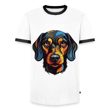 Teckel Portrait de chien teckel - T-shirt contrasté Homme - blanc/noir - Devant - AI Model Female 172 light (172cm) & AI Model Male 178 dark (178cm)