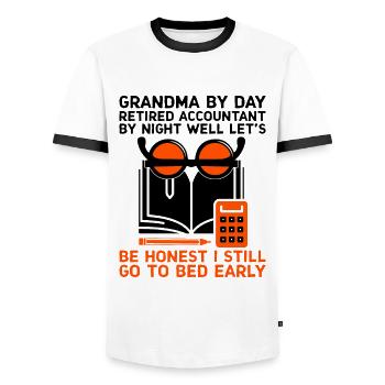 Pensionierte Oma Rentner Pension Buchhalter Bank - Männer Kontrast-T-Shirt - Weiß/Schwarz - Vorne - AI Model Female 172 light (172cm) & AI Model Male 178 dark (178cm)
