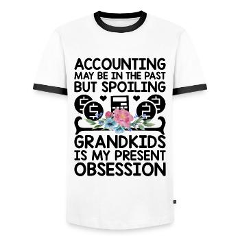Pensionierte Oma Rentner Pension Buchhalter Bank - Männer Kontrast-T-Shirt - Weiß/Schwarz - Vorne - AI Model Female 172 light (172cm) & AI Model Male 178 dark (178cm)