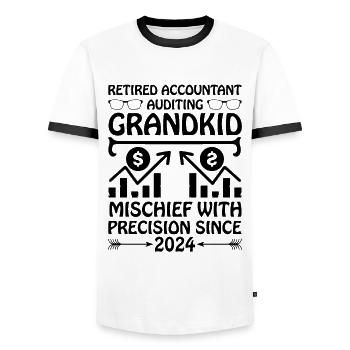 Pensionierte Oma Rentner Pension Buchhalter Bank - Männer Kontrast-T-Shirt - Weiß/Schwarz - Vorne - AI Model Female 172 light (172cm) & AI Model Male 178 dark (178cm)