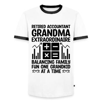 Pensionierte Oma Rentner Pension Buchhalter Bank - Männer Kontrast-T-Shirt - Weiß/Schwarz - Vorne - AI Model Female 172 light (172cm) & AI Model Male 178 dark (178cm)