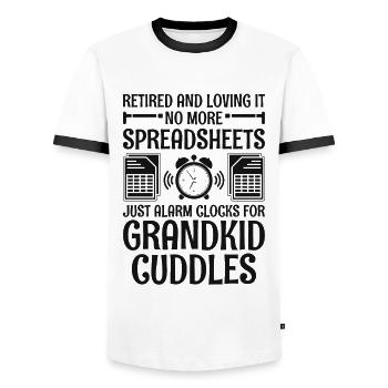 Pensionierte Oma Rentner Pension Buchhalter Bank - Männer Kontrast-T-Shirt - Weiß/Schwarz - Vorne - AI Model Female 172 light (172cm) & AI Model Male 178 dark (178cm)