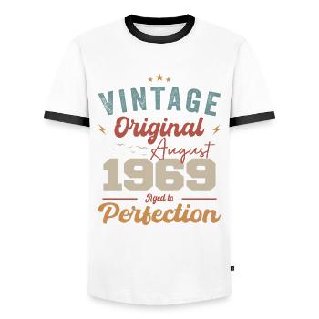 August 1969 Vintage Vintage Birthday Retro - Men's Ringer Shirt - white/black - Front - AI Model Female 172 light (172cm) & AI Model Male 178 dark (178cm)