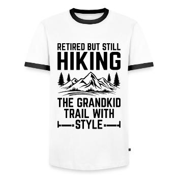 Retraité mais toujours en randonnée Le Grandkid Trail avec S - T-shirt contrasté Homme - blanc/noir - Devant - AI Model Female 172 light (172cm) & AI Model Male 178 dark (178cm)