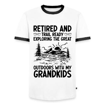 Randonnée Grand-mère retraitée Retraitée Pension Hiker Tre - T-shirt contrasté Homme - blanc/noir - Devant - AI Model Female 172 light (172cm) & AI Model Male 178 dark (178cm)
