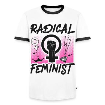 Feminist Radical Feminist - Men's Ringer Shirt - white/black - Front - AI Model Female 172 light (172cm) & AI Model Male 178 dark (178cm)