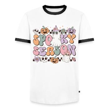 Spooky Season: Retro Halloween: Geist und Kürbisse - Männer Kontrast-T-Shirt - Weiß/Schwarz - Vorne - AI Model Female 172 light (172cm) & AI Model Male 178 dark (178cm)