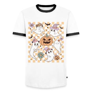 Retro Halloween-Design: Süße Geister und Kürbisse - Männer Kontrast-T-Shirt - Weiß/Schwarz - Vorne - AI Model Female 172 light (172cm) & AI Model Male 178 dark (178cm)