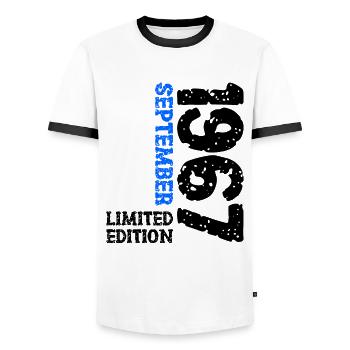 1967 September Limited Edition 56th Birthday Deco - Men's Ringer Shirt - white/black - Front - AI Model Female 172 light (172cm) & AI Model Male 178 dark (178cm)